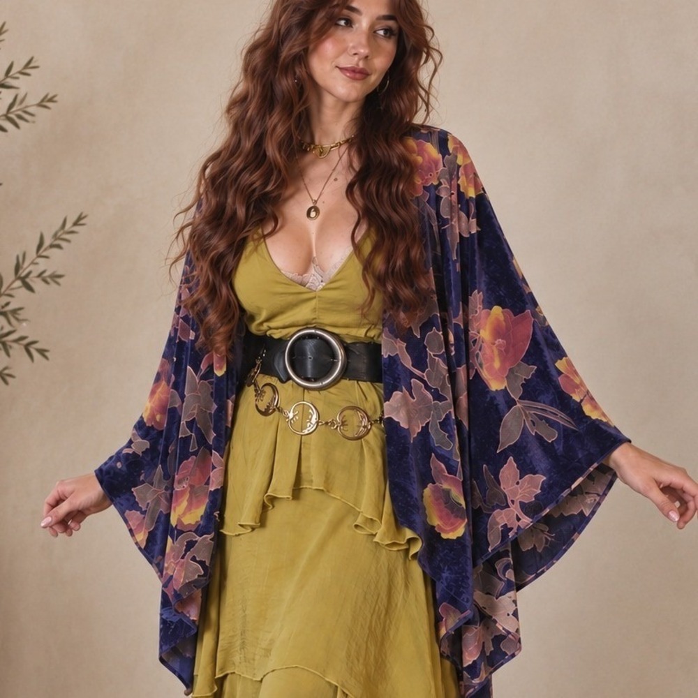 Whimsigoth Witchy Fairy Burnout Velvet Boho Floral Kimono OS